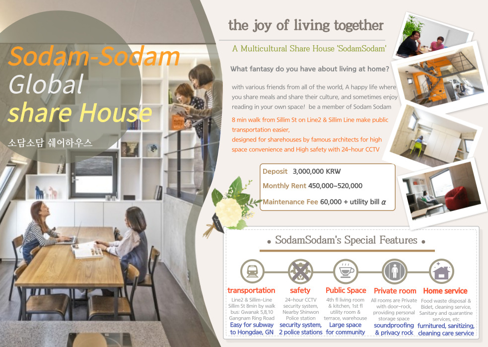 Sodam-Sodam Global share House 소담소담 쉐어하우스 the joy of living together A Multicultural Share House 'SodamSodam' What fantasy do you have about living at home? with various friends from all of the world, A happy life where you share meals and share their culture, and sometimes enjoy reading in your own space! be a member of Sodam Sodam 8 min walk from Sillim St on Line2 & Sillim Line make public transportation easier, designed for sharehouses by famous architects for high space convenience and High safety with 24-hour CCTV Deposit 3,000,000 KRW Monthly Rent 450,000-520,000 Maintenance Fee 60,000+ utility bill a . SodamSodam's Special Features. transportation Line2 & Sillim-Line Sillim St 8min by walk bus: Gwanak 5,8,10 Gangnam Ring Road Easy for subway to Hongdae, GN safety 24-hour CCTV security system, Nearby Shinwon Police station Public Space Private room Home service 4th fl living room & kitchen, 1st fl utility room & terrace, warehouse security system, Large space 2 police stations for community All rooms are Private with door-rock, providing personal storage space Food waste disposal & Bidet, cleaning service, Sanitary and quarantine services, etc soundproofing furnitured, sanitizing, & privacy rock cleaning care service