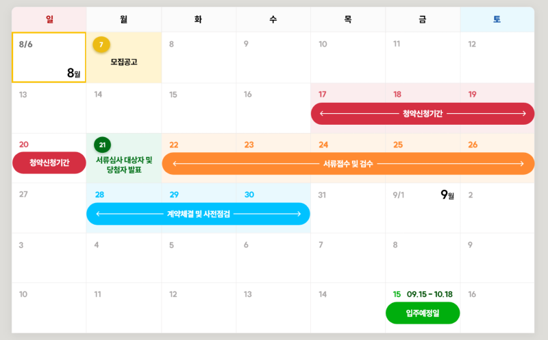 공급일정 8월  7일 모집공고 17일~19일 청약신청기간 20일 청약신청기간 21 서류심사 대상자 및 당첨자 발표 22일~26일 서류접수 및 검수 28일~30일 계약체결 및 사전점검 15일 9월15일~10월18일 입주예정일